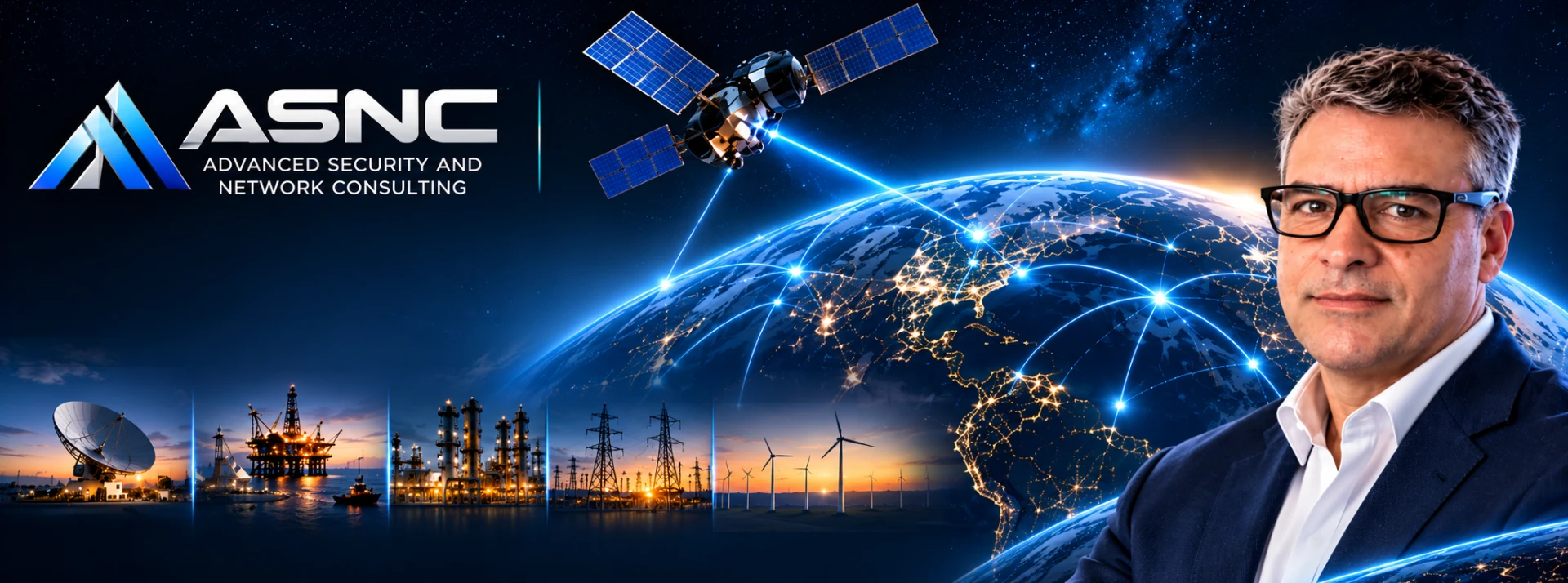 ASNC brand visual: the ASNC logo over a satellite and a glowing connected Earth above energy and industrial infrastructure, with a portrait of founder Fabio Vieira on the right